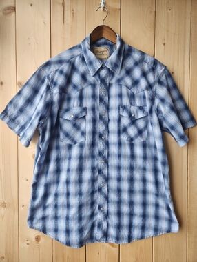 Wrangler Blue Plaid Short Sleeve Western Snap Button Shirt Cowboy XL
